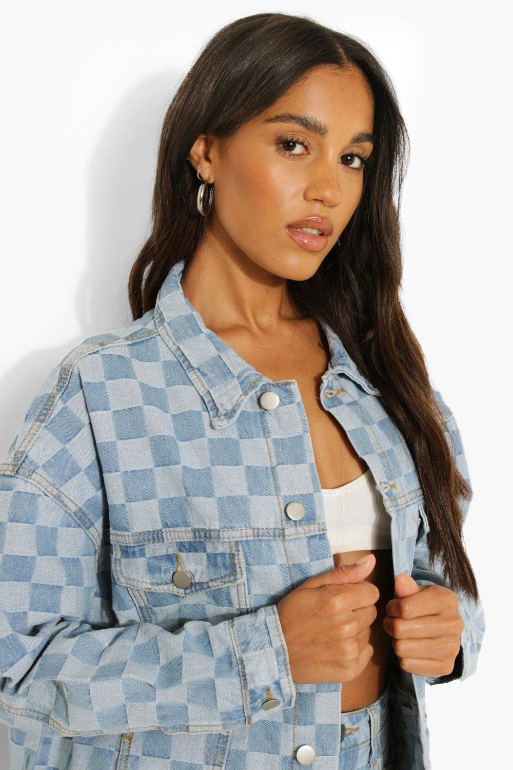 Check Board Denim Oversized Jacket boohoo UK